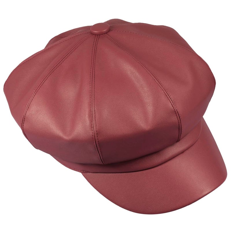moonsix Newsboy Hat,Plain Cabbie Visor Beret Gatsby Ivy Caps for Women,Red(PU Leather Style 2) - Image 3